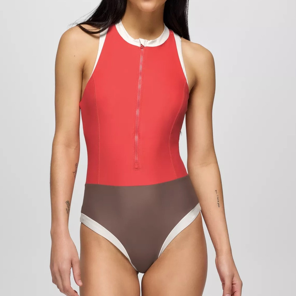 Prana Baja Bound One Piece Swimsuit Women's S Rose Fire Colorblock Zip Pocket